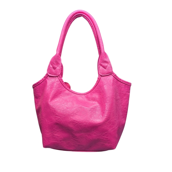 Pink hobo-style shoulder bag made of synthetic leather featuring a large flower - Picture 2 of 5